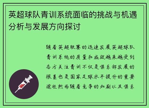 英超球队青训系统面临的挑战与机遇分析与发展方向探讨